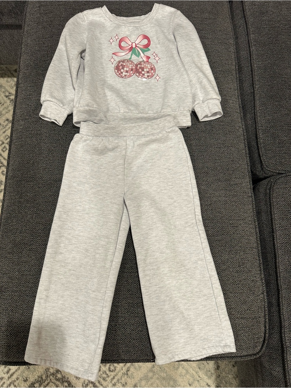 Kate Mack Light Gray Sweatpants Set with Pink Cherry Graphic
